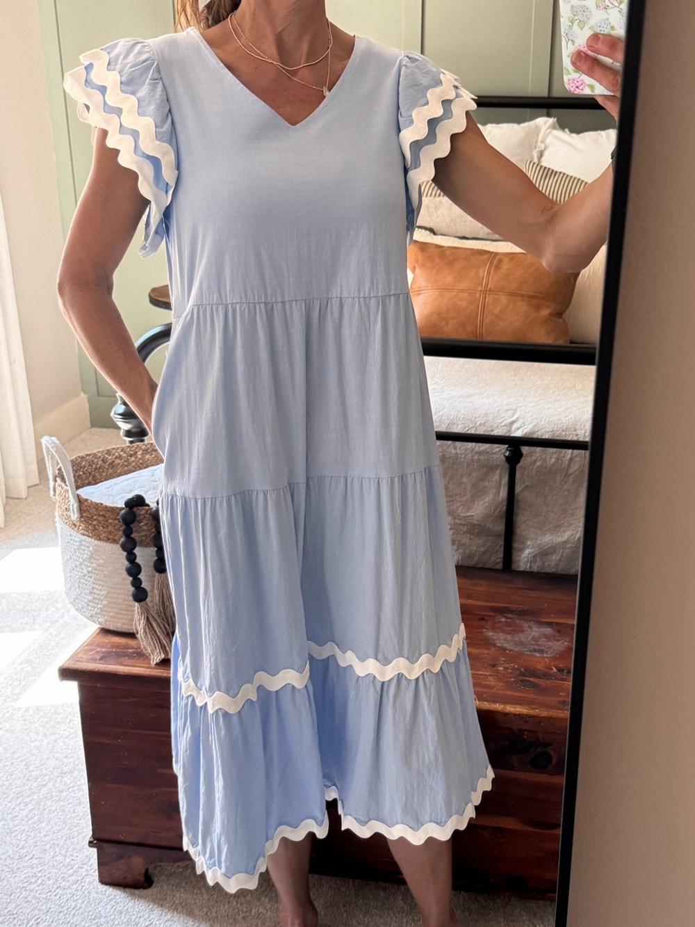 Light Blue V-Neck Ruffle Midi Dress with White Trim